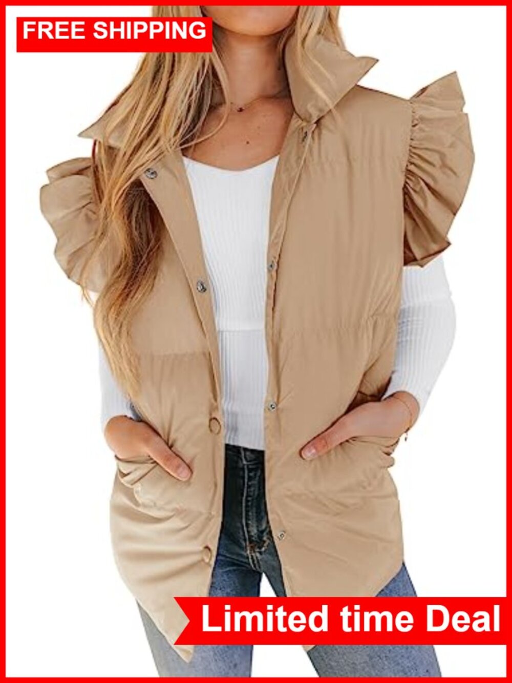 Womens Quilted Puffer Vest Ruffle Sleeve Stand Collar Button Down Gilet